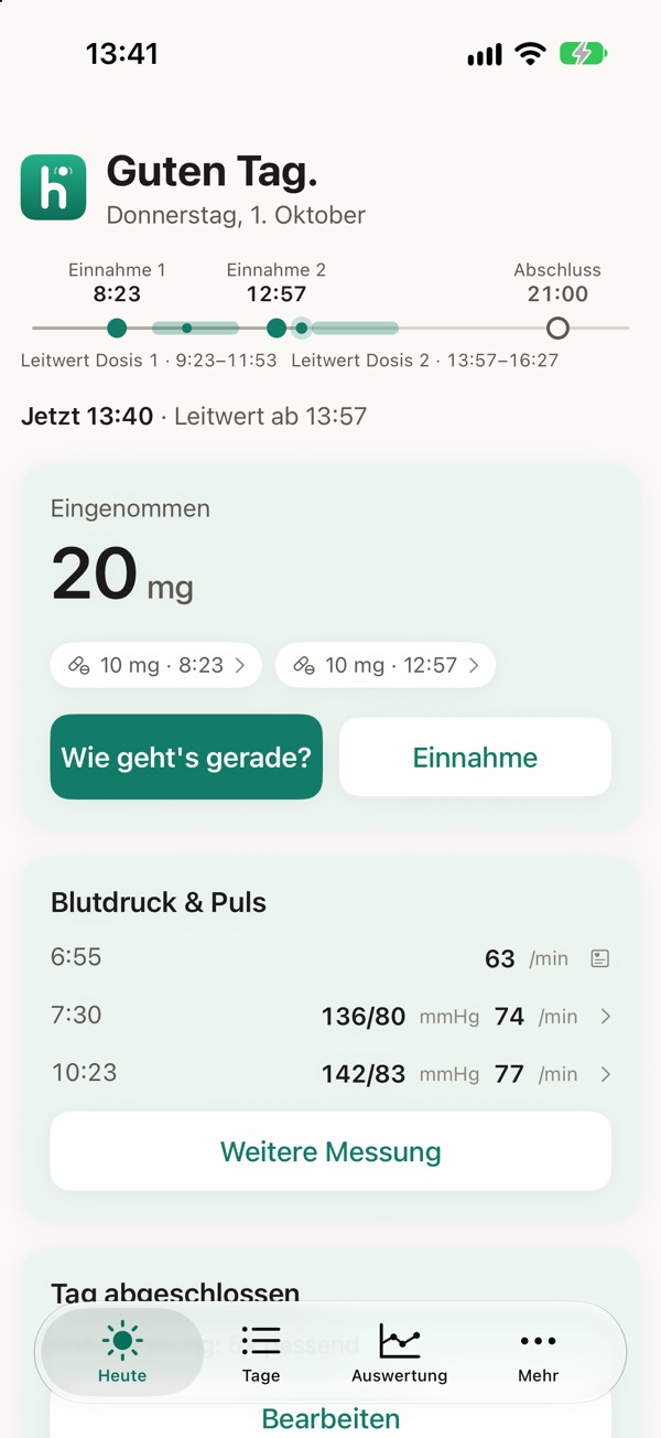 Tab Heute: Gruß und Zeitstrahl des Tages mit zwei Einnahmen und ihren Leitwert-Fenstern, darunter 20 mg und die Messungen des Morgens.