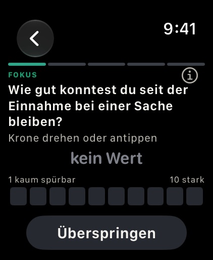 Uhr, Seite Fokus: eine Skala von 1 bis 10, einzustellen mit der Krone.